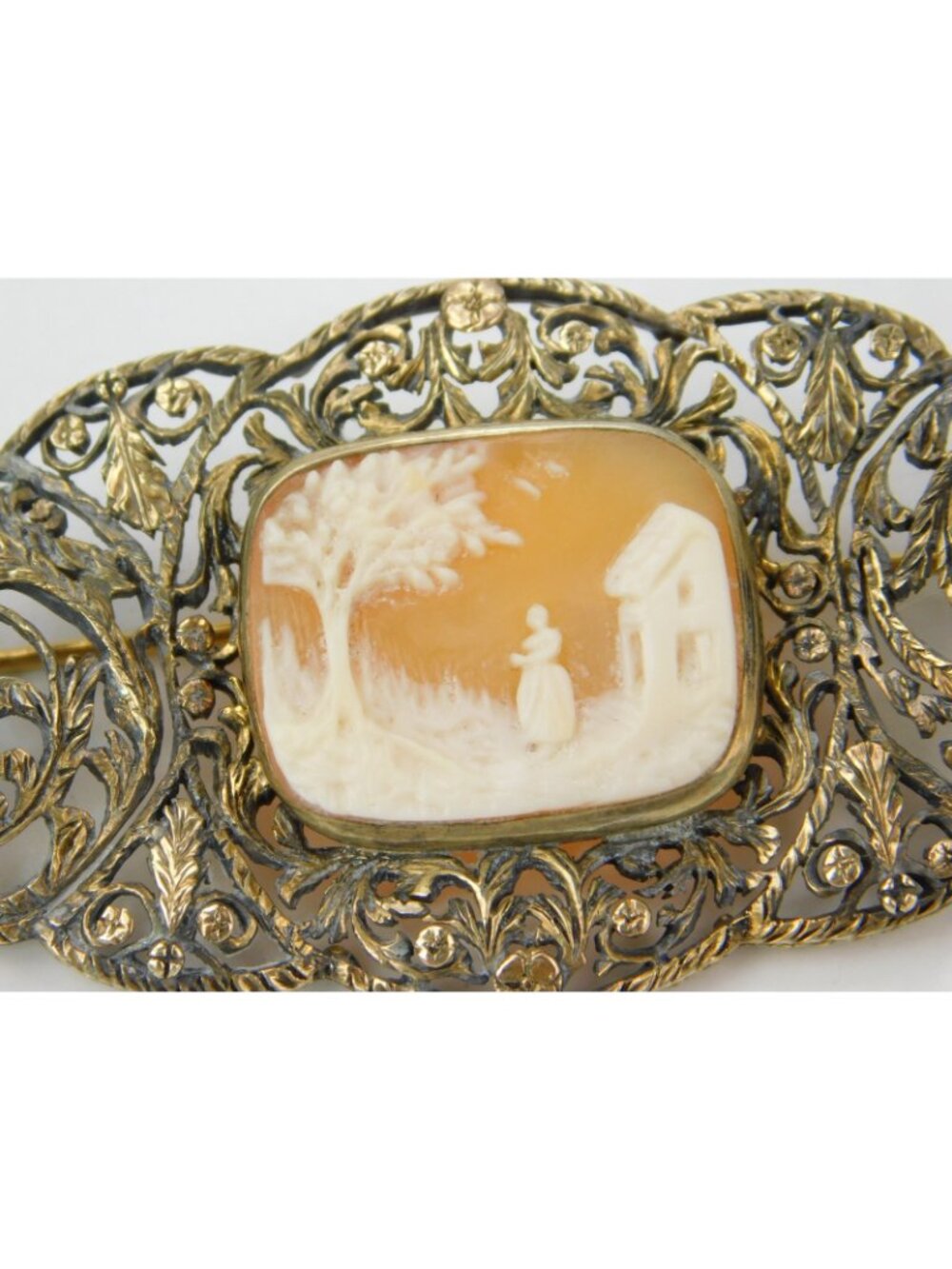 Antique 14k Gold 3.25" Filigree Floral Carved Shell Landscape Cameo Brooch Pin - Picture 3 of 16